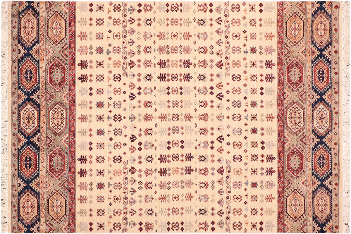 6x9 hand knotted Khurjeen wool rug in beige and blue - Southwestern Khurgeen Hugo