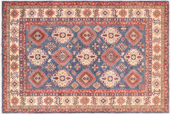 handmade Geometric Kazak Blue Ivory Hand Knotted RECTANGLE 100% WOOL area rug 6'X9'