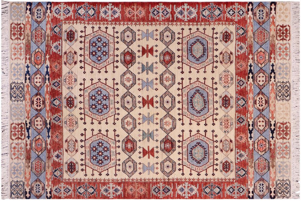 handmade Geometric Kurjean Ivory Red Hand Knotted RECTANGLE 100% WOOL area rug 5x7