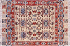 handmade Geometric Kurjean Ivory Red Hand Knotted RECTANGLE 100% WOOL area rug 5x7