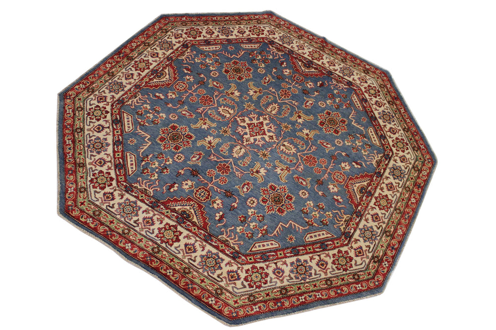 handmade Geometric Kazak Blue Ivory Hand Knotted OCTAGON 100% WOOL area rug 8x8