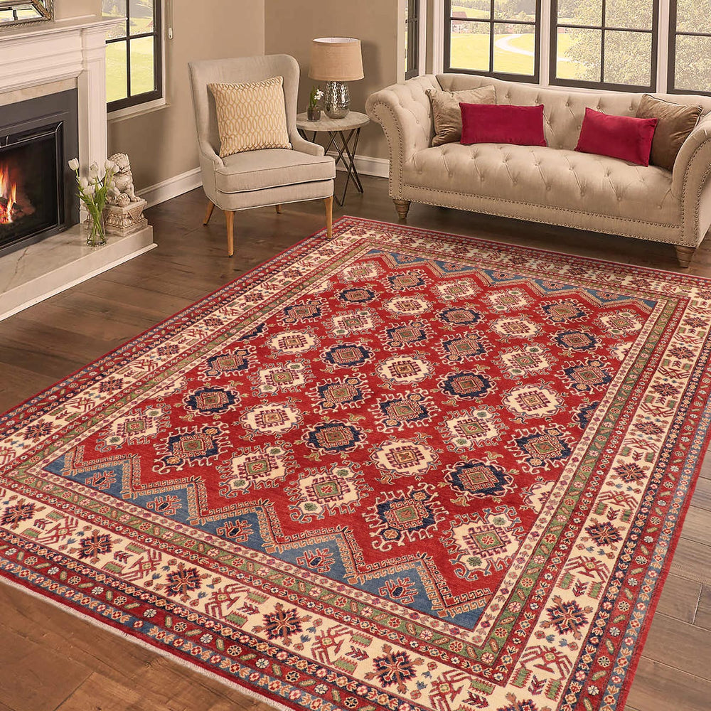 handmade Geometric Kazak Red Beige Hand Knotted RECTANGLE 100% WOOL area rug 9' x 12'