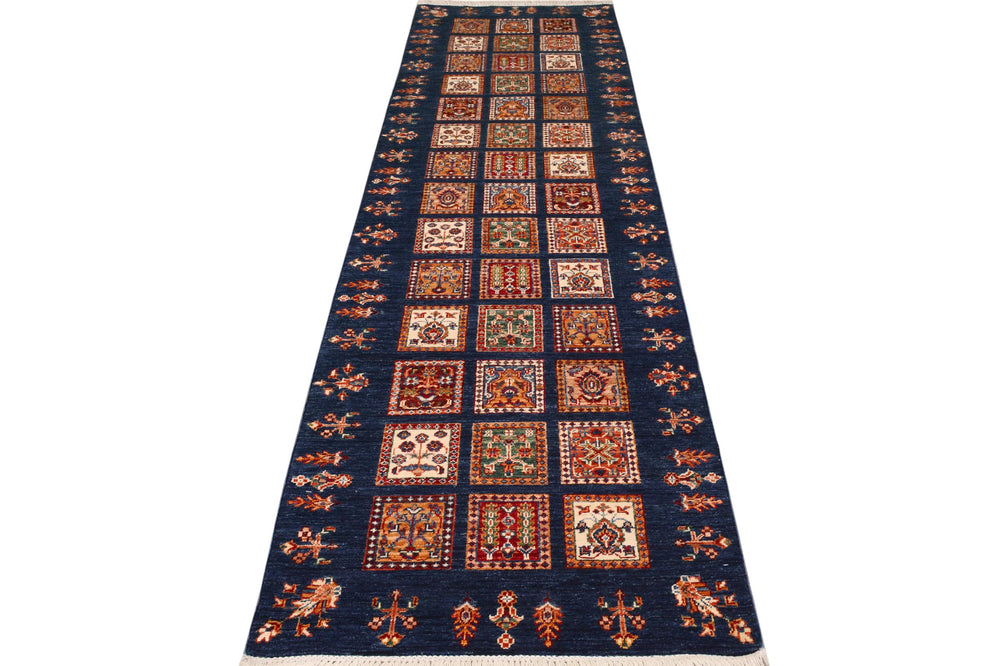 handmade Geometric Kurjean Blue Gold Hand Knotted RUNNER 100% WOOL area rug 3x10