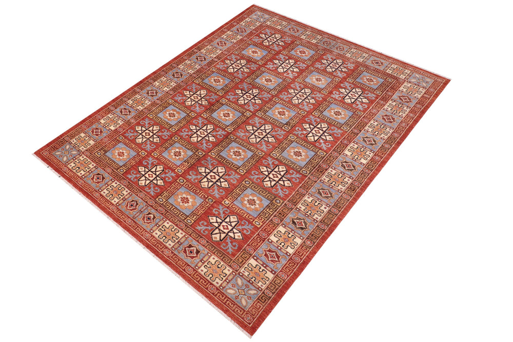 handmade Geometric Kafkaz Rust Lt. Blue Hand Knotted RECTANGLE 100% WOOL area rug 6' x 9'