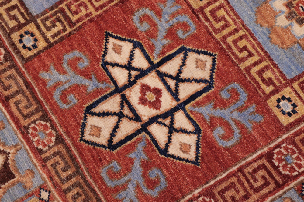 handmade Geometric Kafkaz Rust Lt. Blue Hand Knotted RECTANGLE 100% WOOL area rug 6' x 9'