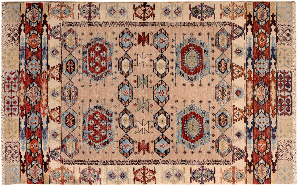 handmade Geometric Kurjean Tan Rust Hand Knotted RECTANGLE 100% WOOL area rug 4x6