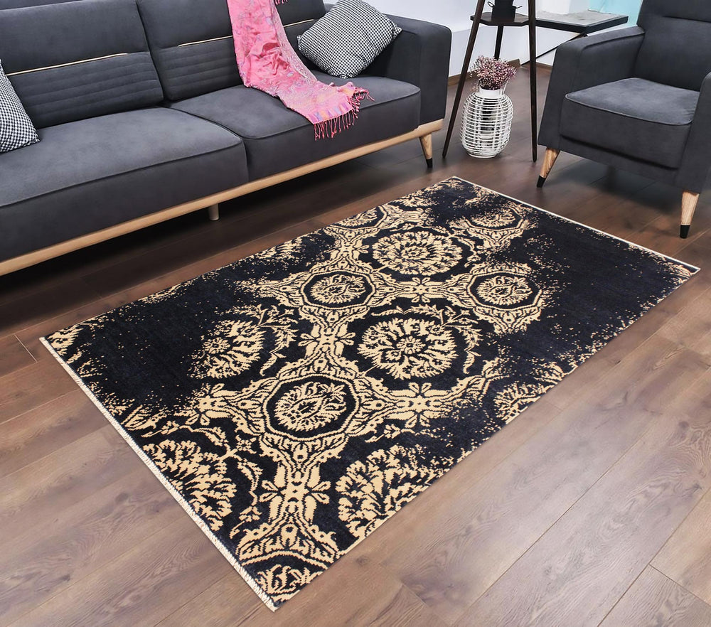 handmade Modern Abstract Blue Ivory Hand Knotted RECTANGLE WOOL&VISCOU area rug 4' x 6'