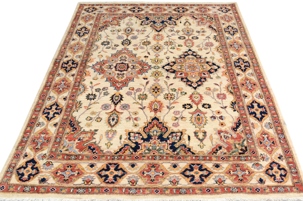 handmade Traditional Kafkaz Ivory Blue Hand Knotted RECTANGLE 100% WOOL area rug 5x7