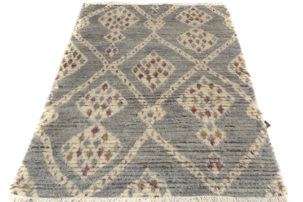 handmade Geometric Moroccan Gray Ivory Hand Knotted RECTANGLE 100% WOOL area rug 4' x 6'