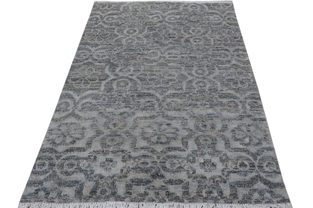 handmade Modern Kafkaz Gray Gray Hand Knotted RECTANGLE WOOL&VISCOU area rug 4' x 6'