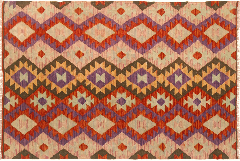 handmade Geometric Kilim Red Pink Hand-Woven RECTANGLE 100% WOOL area rug 3 x 5