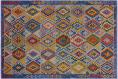 handmade Geometric Kilim Lt. Blue Teal Hand-Woven RECTANGLE 100% WOOL area rug 7 x 10