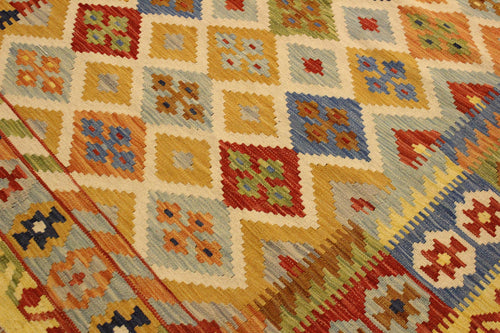 handmade Geometric Kilim Ivory Gold Hand-Woven RECTANGLE 100% WOOL area rug 5x6