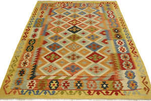 handmade Geometric Kilim Ivory Gold Hand-Woven RECTANGLE 100% WOOL area rug 5x6
