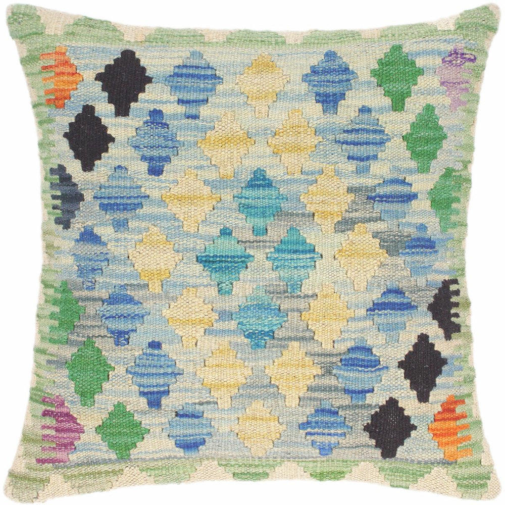 handmade Traditional Pillow Blue Beige Hand-Woven SQUARE 100% WOOL kilim throw pillow