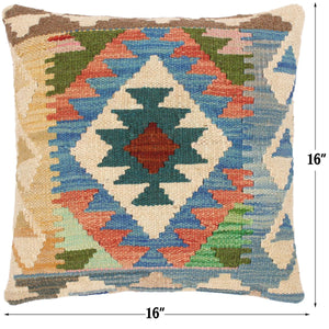 handmade Traditional Pillow Blue Beige Hand-Woven SQUARE 100% WOOL kilim throw pillow