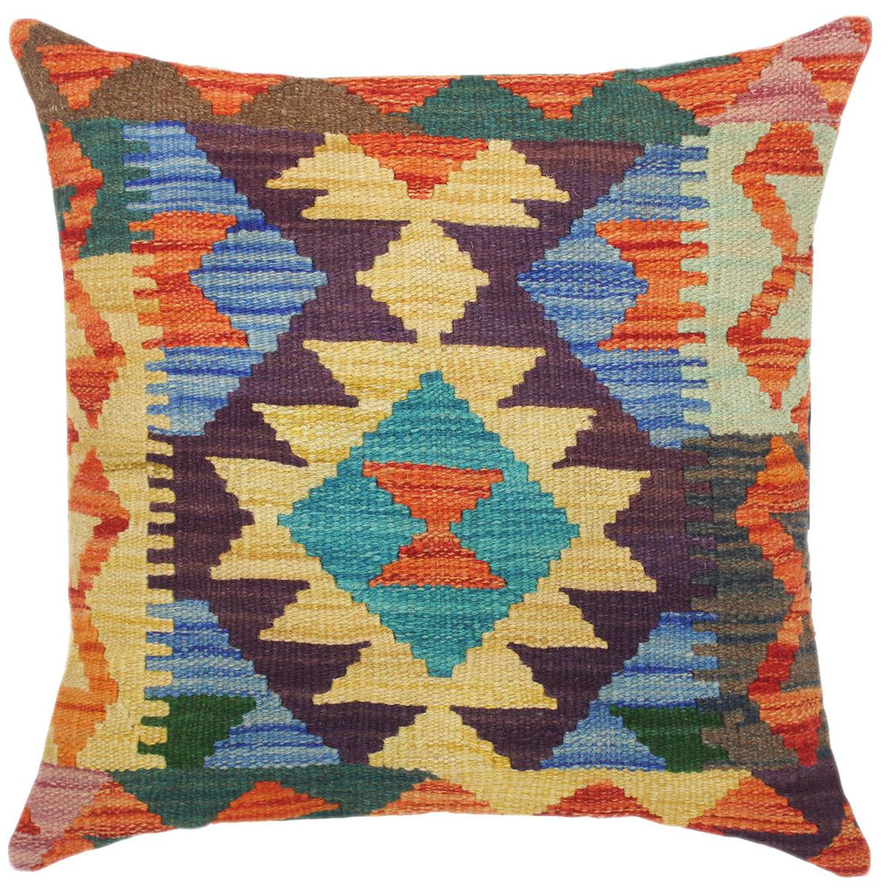 handmade Traditional Pillow Rust Blue Hand-Woven SQUARE 100% WOOL kilim throw pillow