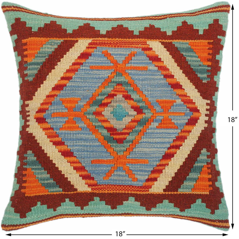 handmade Traditional Pillow Rust Blue Hand-Woven SQUARE 100% WOOL kilim throw pillow