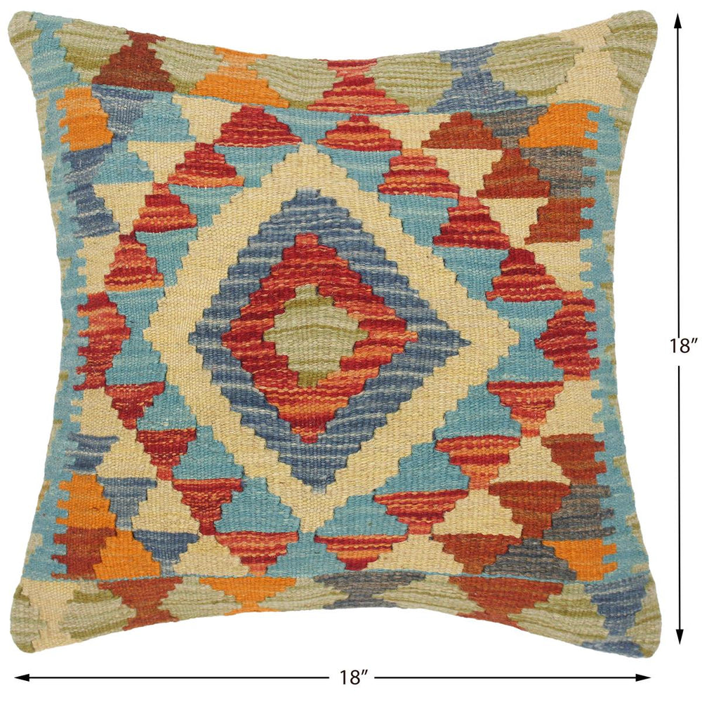 handmade Traditional Pillow Rust Blue Hand-Woven SQUARE 100% WOOL kilim throw pillow