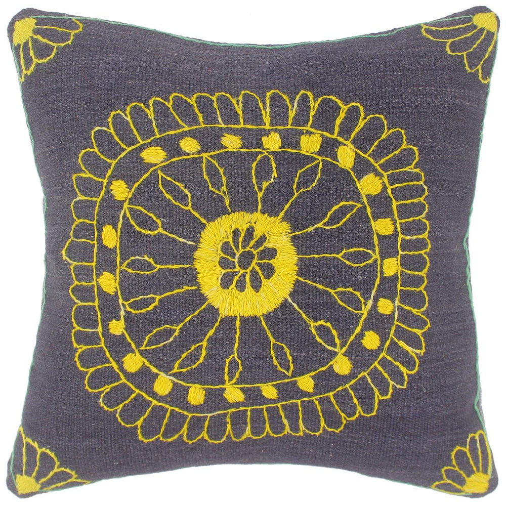 handmade  Pillow Blue Yellow Hand-Woven SQUARE 100% Wool Suzani Throw Pillow