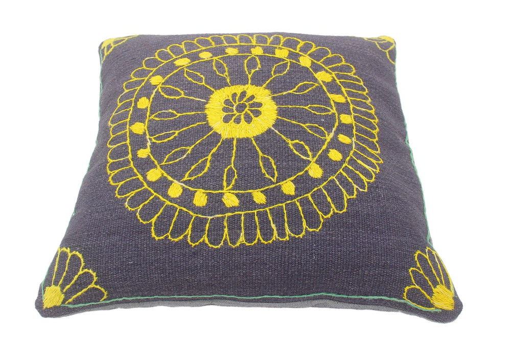 handmade  Pillow Blue Yellow Hand-Woven SQUARE 100% Wool Suzani Throw Pillow