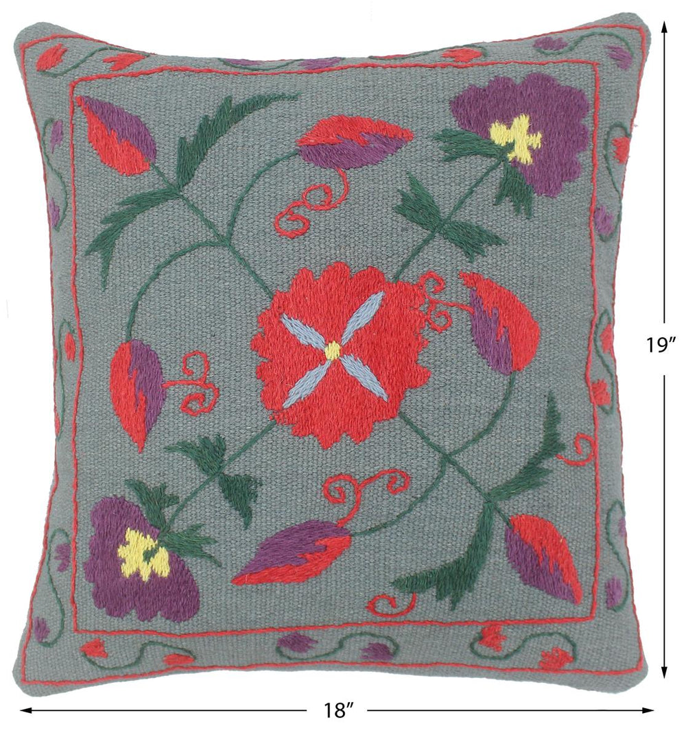 handmade  Pillow Gray Red Hand-Woven SQUARE 100% Wool Suzani Throw Pillow