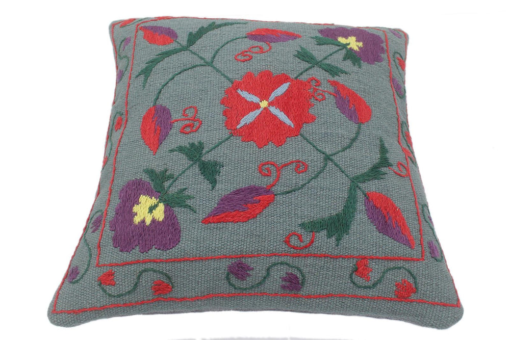 handmade  Pillow Gray Red Hand-Woven SQUARE 100% Wool Suzani Throw Pillow
