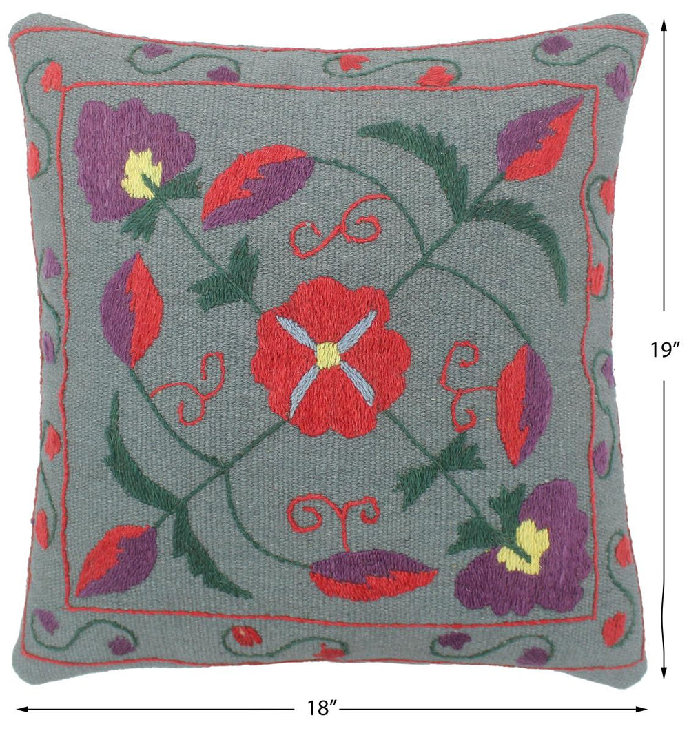 handmade  Pillow Gray Red Hand-Woven SQUARE 100% Wool Suzani Throw Pillow