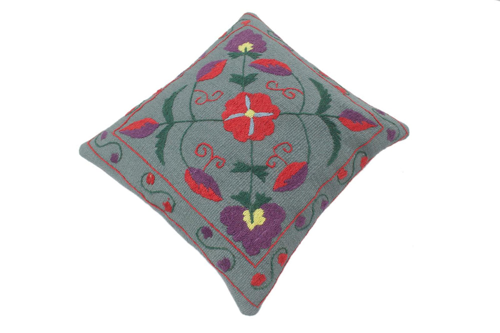 handmade  Pillow Gray Red Hand-Woven SQUARE 100% Wool Suzani Throw Pillow