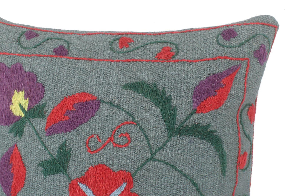 handmade  Pillow Gray Red Hand-Woven SQUARE 100% Wool Suzani Throw Pillow