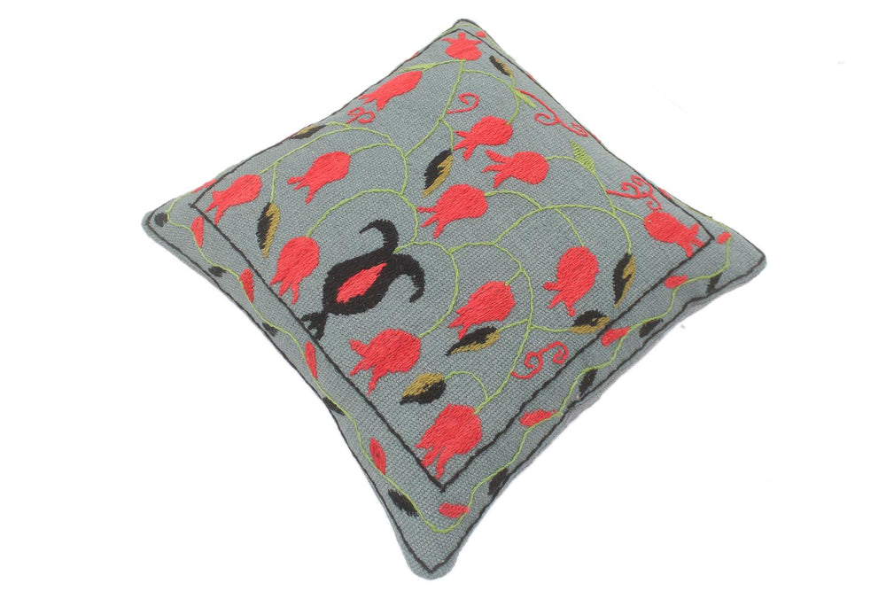 handmade  Pillow Gray Red Hand-Woven SQUARE 100% Wool Suzani Throw Pillow
