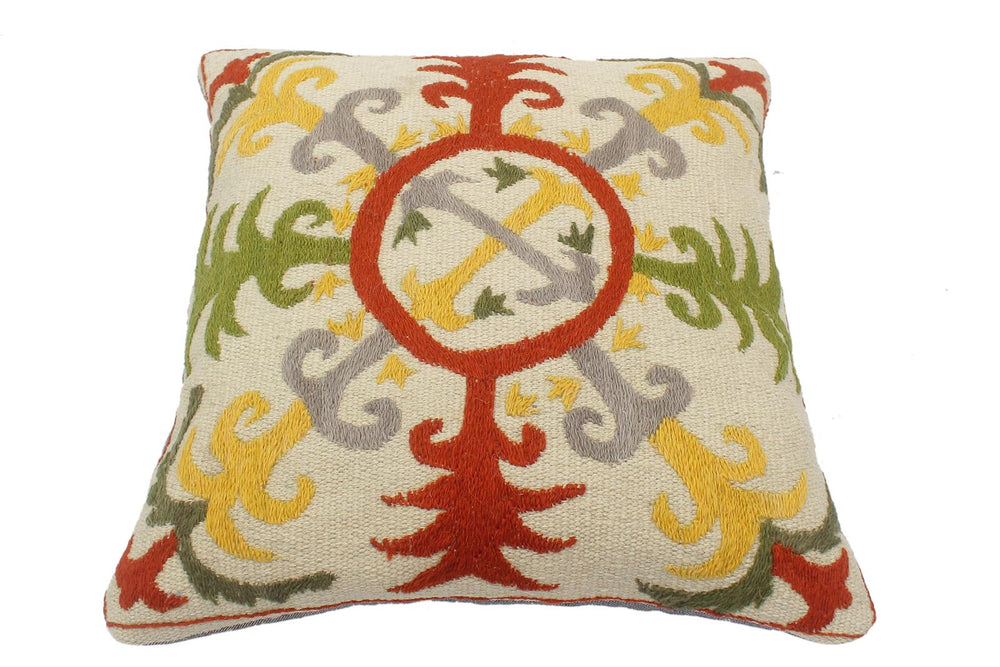 handmade  Pillow Beige Rust Hand-Woven SQUARE 100% Wool Suzani Throw Pillow