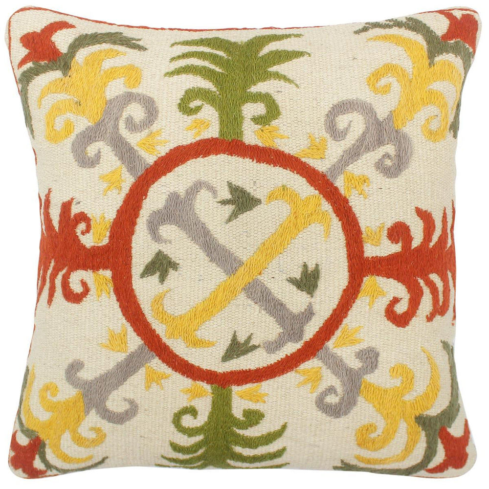 handmade  Pillow Beige Rust Hand-Woven SQUARE 100% Wool Suzani Throw Pillow