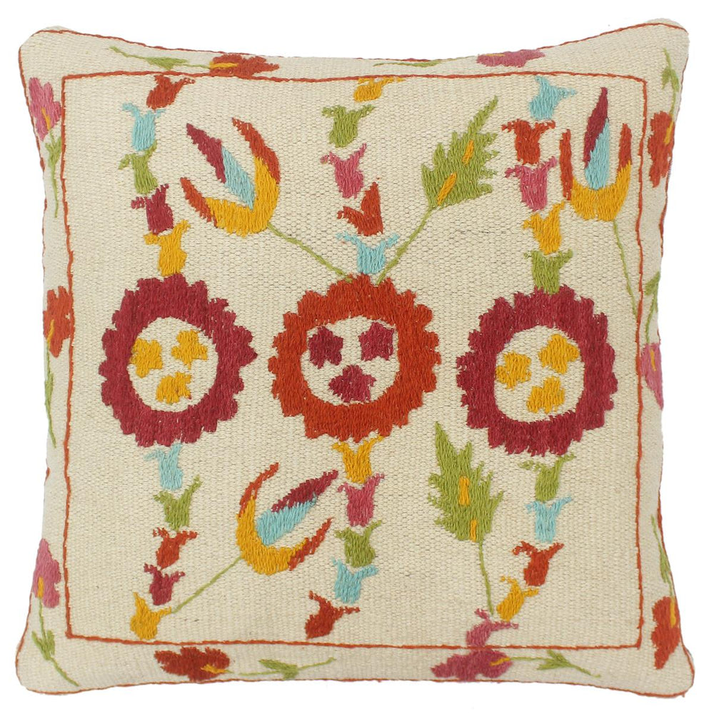 handmade  Pillow Beige Rust Hand-Woven SQUARE 100% Wool Suzani Throw Pillow