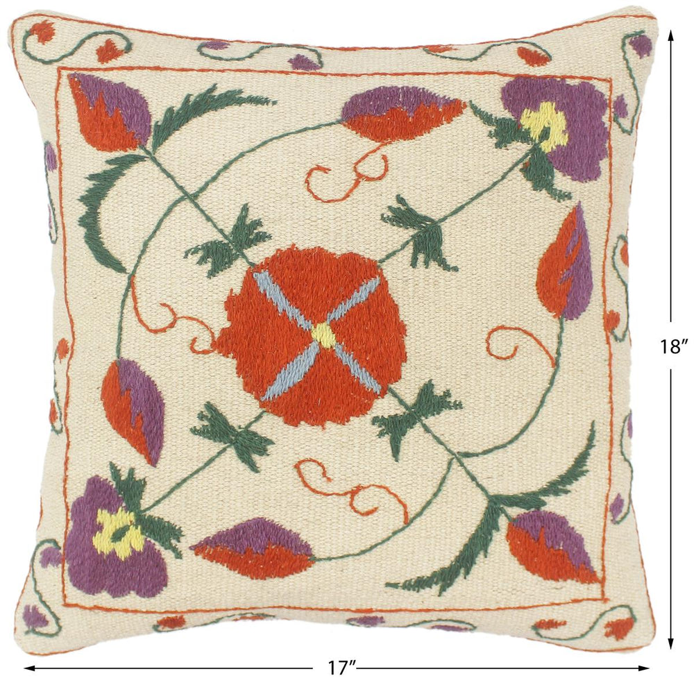 handmade  Pillow Beige Rust Hand-Woven SQUARE 100% Wool Suzani Throw Pillow