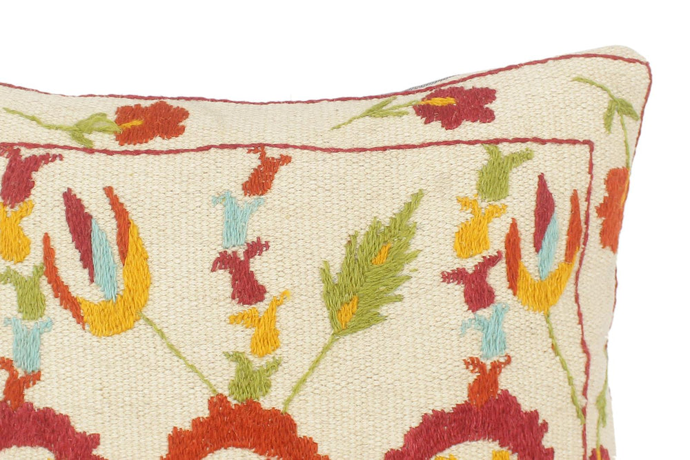 handmade  Pillow Beige Rust Hand-Woven SQUARE 100% Wool Suzani Throw Pillow