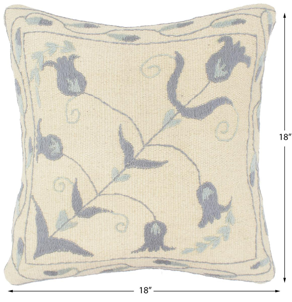 handmade  Pillow Beige Blue Hand-Woven SQUARE 100% Wool Suzani Throw Pillow