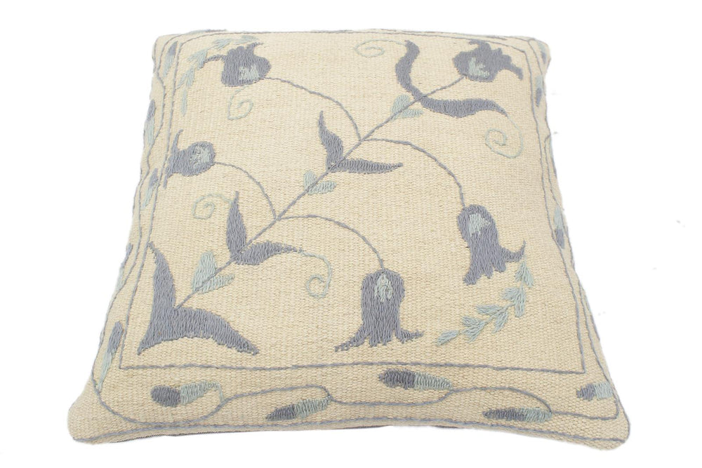 handmade  Pillow Beige Blue Hand-Woven SQUARE 100% Wool Suzani Throw Pillow