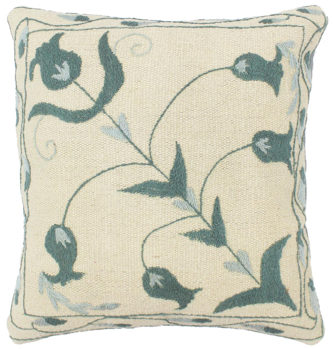 handmade  Pillow Beige Green Hand-Woven SQUARE 100% Wool Suzani Throw Pillow