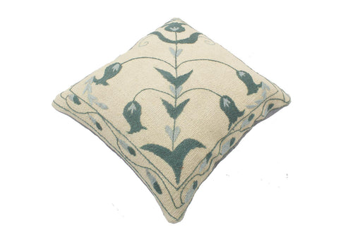 handmade  Pillow Beige Green Hand-Woven SQUARE 100% Wool Suzani Throw Pillow