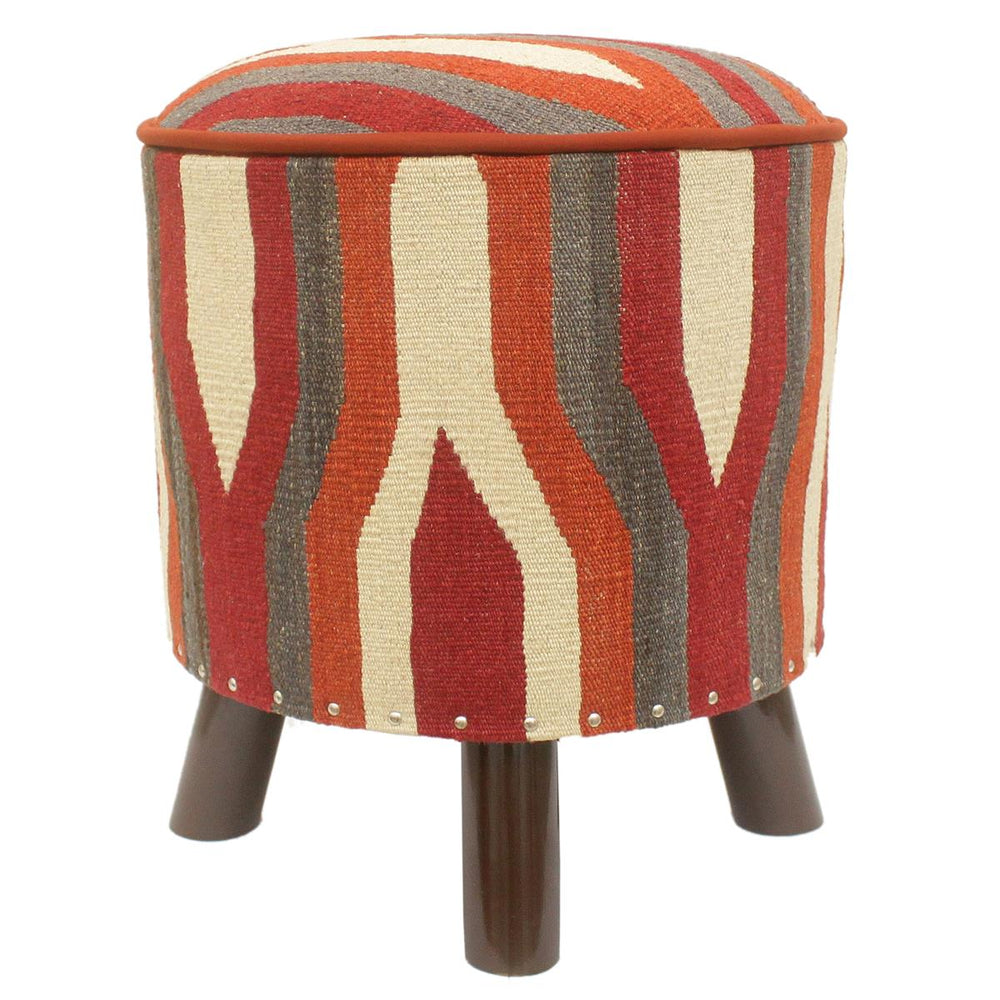 handmade Modern Ottoman Rust Red Hand-made ROUND Vegetable dyed wool and wood  17 x 17 x 19