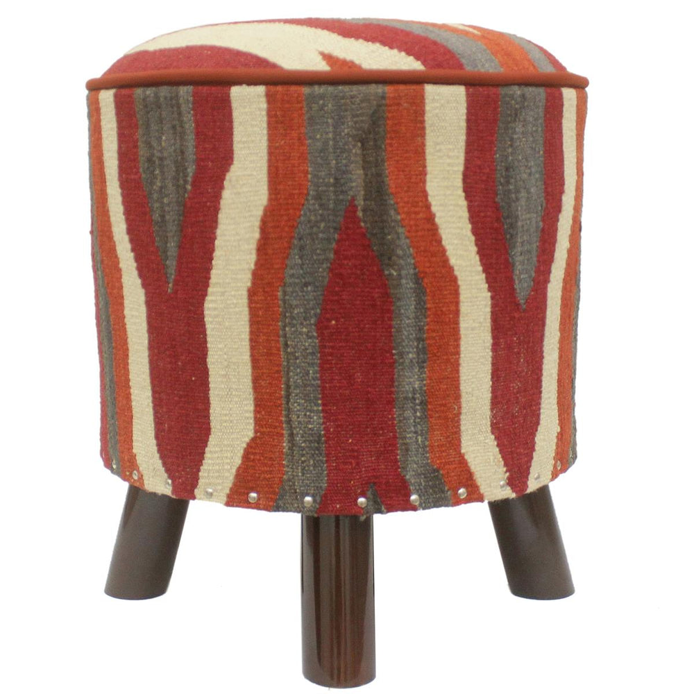 handmade Modern Ottoman Rust Red Hand-made ROUND Vegetable dyed wool and wood  17 x 17 x 19