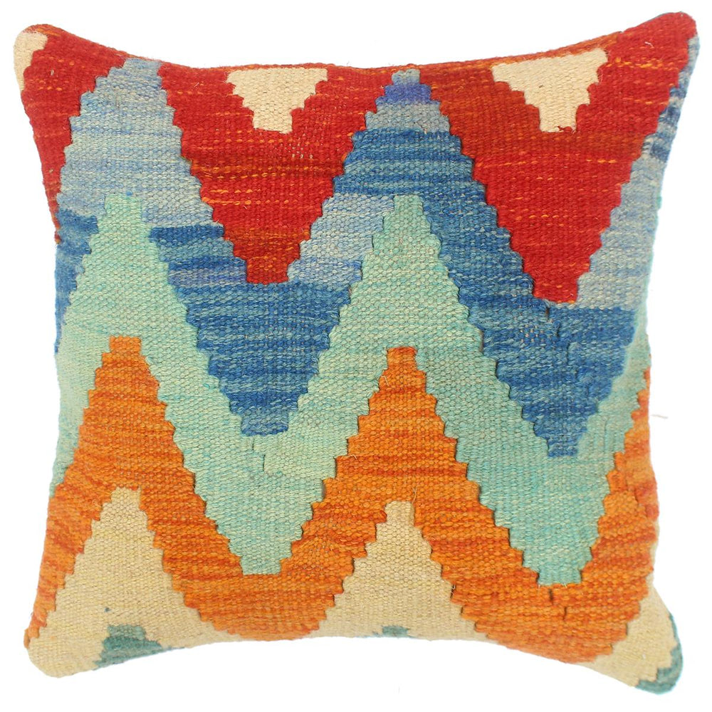 handmade Modern Pillow Rust Blue Hand-Woven SQUARE 100% WOOL  Hand woven turkish pillow  2 x 2