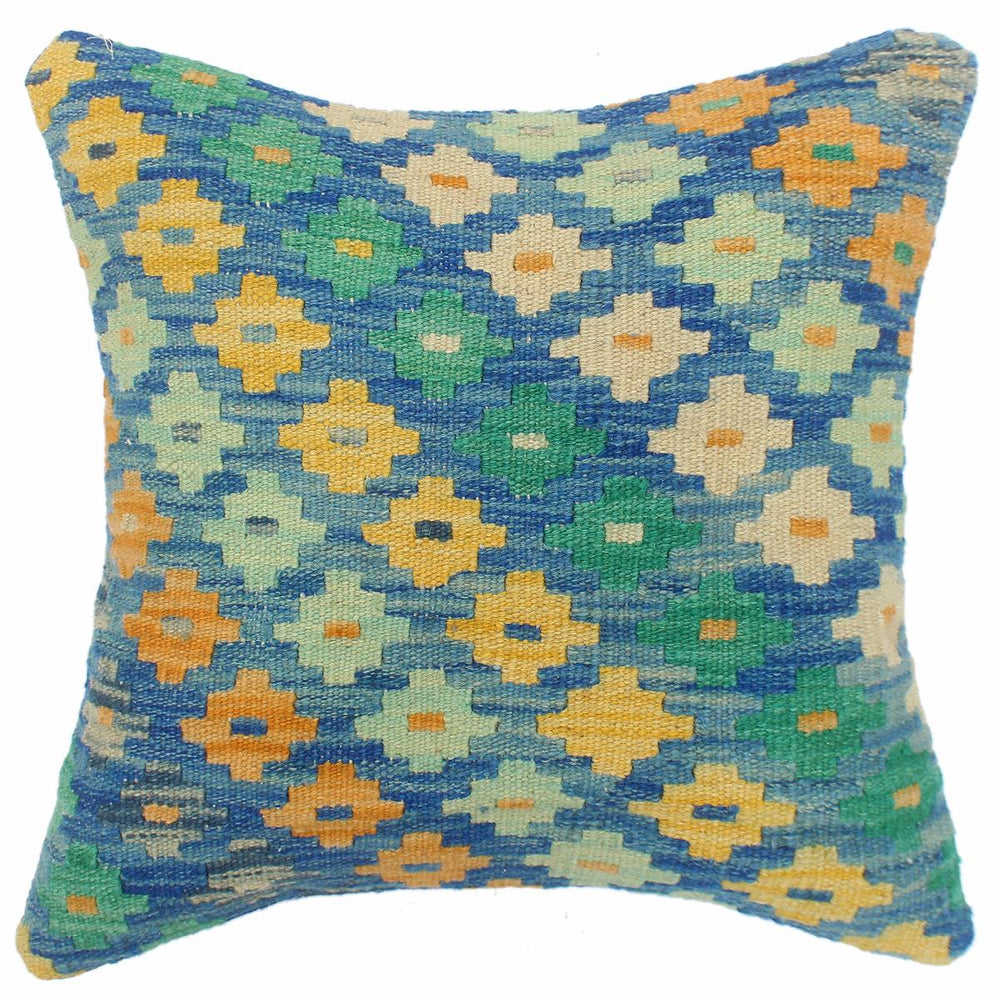 handmade Traditional Pillow Blue Beige Hand-Woven SQUARE 100% WOOL Hand woven turkish pillow2 x 2