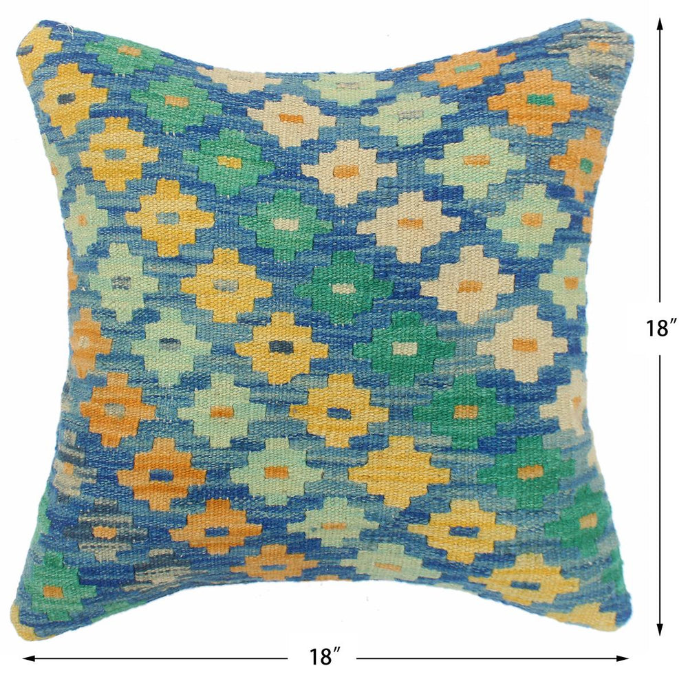 handmade Traditional Pillow Blue Beige Hand-Woven SQUARE 100% WOOL Hand woven turkish pillow2 x 2