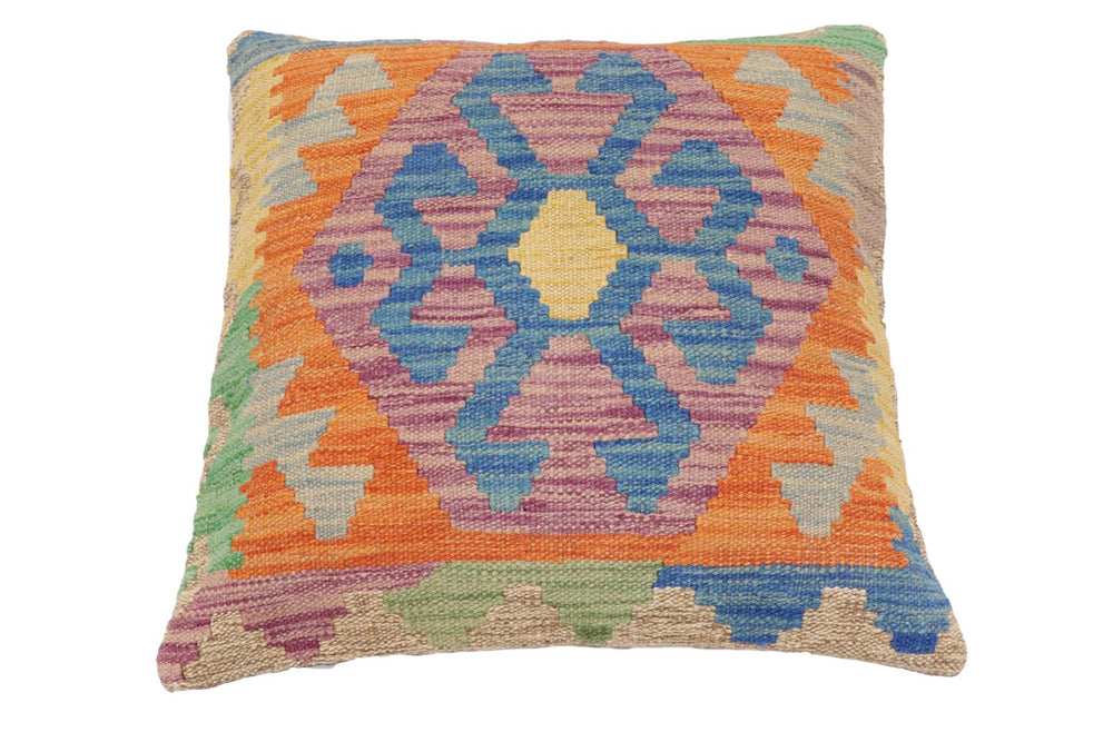 handmade Traditional Pillow Blue Orange Hand-Woven SQUARE 100% WOOL Hand woven turkish pillow2 x 2