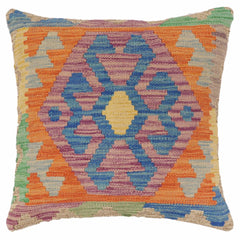 handmade Traditional Pillow Blue Orange Hand-Woven SQUARE 100% WOOL Hand woven turkish pillow2 x 2