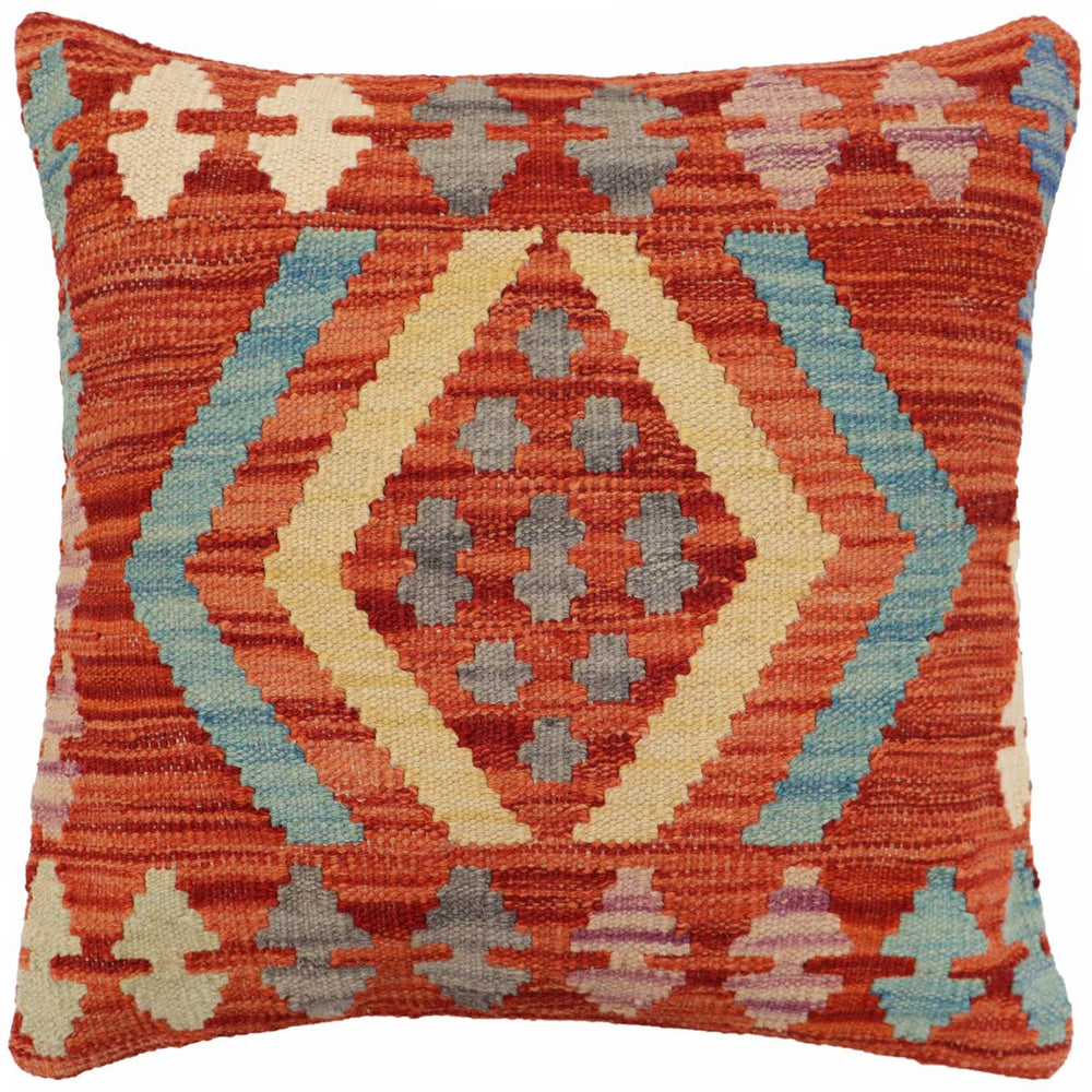handmade Traditional Pillow Rust Blue Hand-Woven SQUARE 100% WOOL Hand woven turkish pillow2 x 2