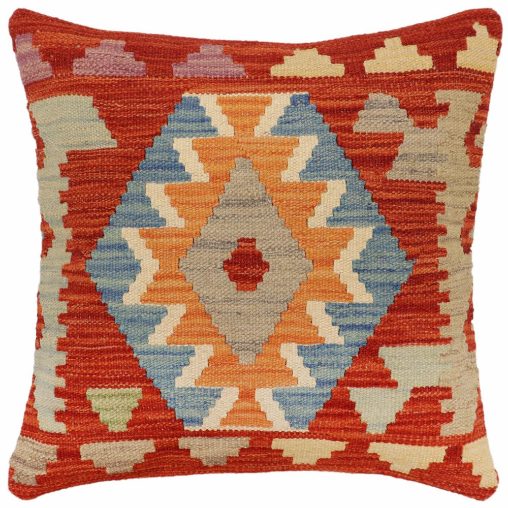 handmade Traditional Pillow Rust Blue Hand-Woven SQUARE 100% WOOL Hand woven turkish pillow2 x 2