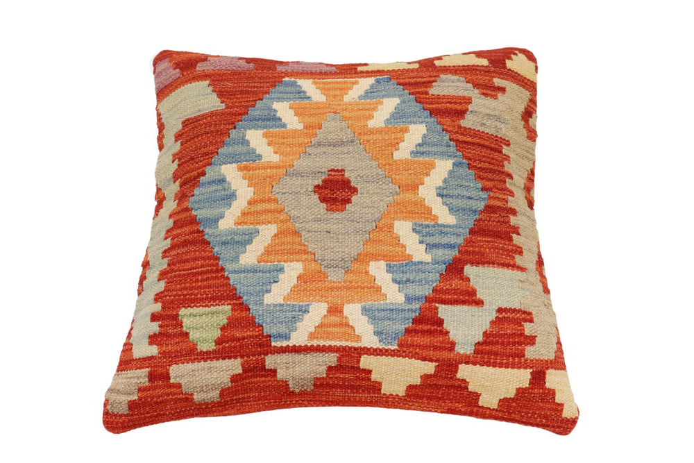 handmade Traditional Pillow Rust Blue Hand-Woven SQUARE 100% WOOL Hand woven turkish pillow2 x 2